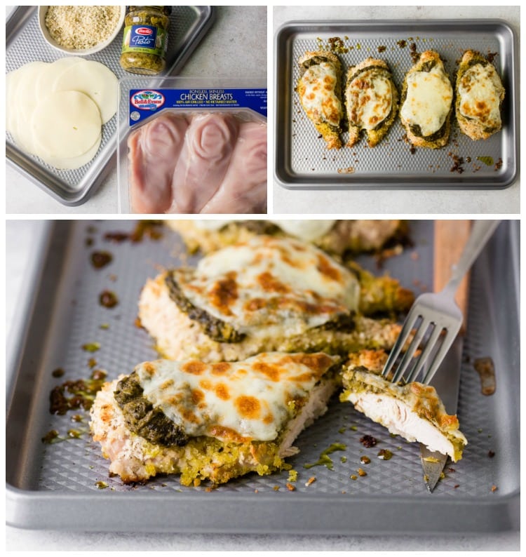 Photo collage showing the ingredients for pesto chicken and how to make it.