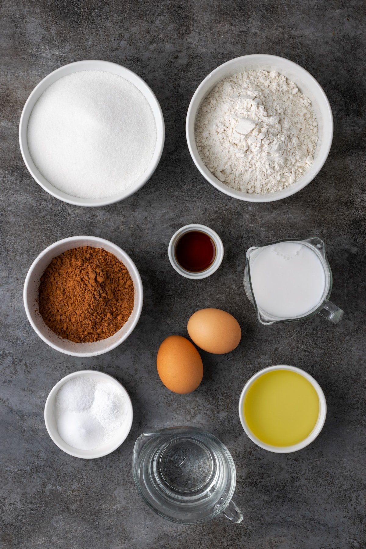 The ingredients for perfect chocolate layer cake.