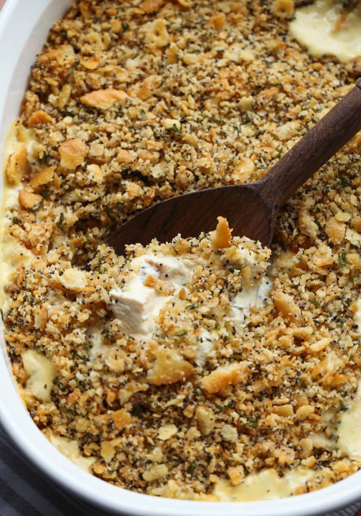 Poppy seed chicken casserole being served