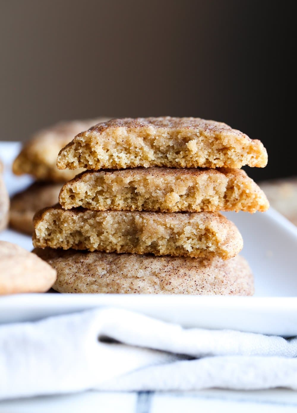 Cinnamon Sugar cookies broken in half stacked