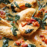 Easy Tuscan Chicken Recipe is made in a cream sauce with spinach and sun dried tomatoes