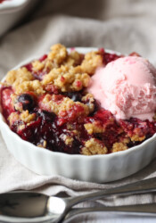 Mixed Berry Crisp topped with ice cream