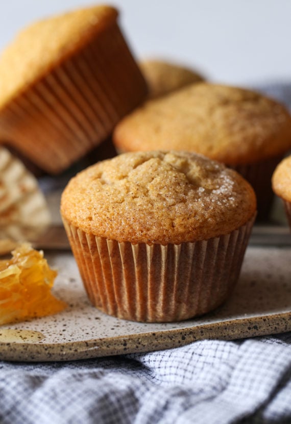 Honey Wheat Muffins topped with turbinado sugar