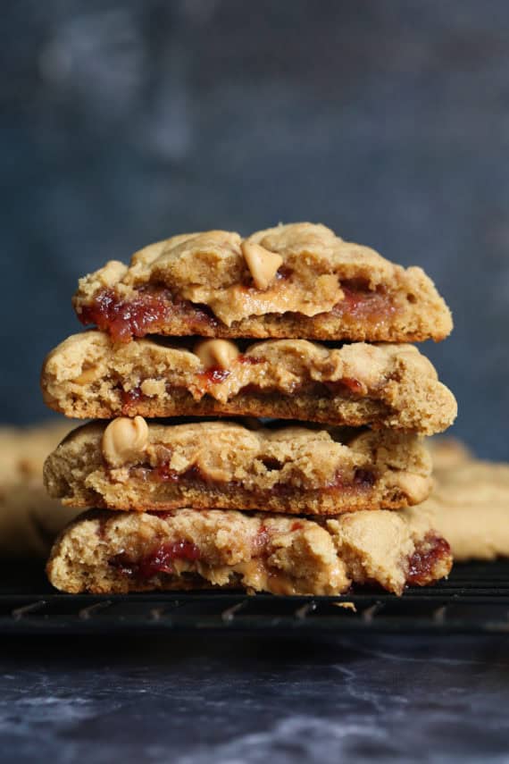 Peanut Butter and Jelly Cookies are peanut butter cookies stuffed with peanut butter and jelly