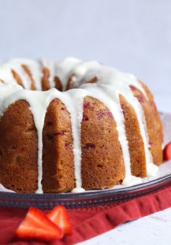 Strawberry Pound Cake drizzled with icing.