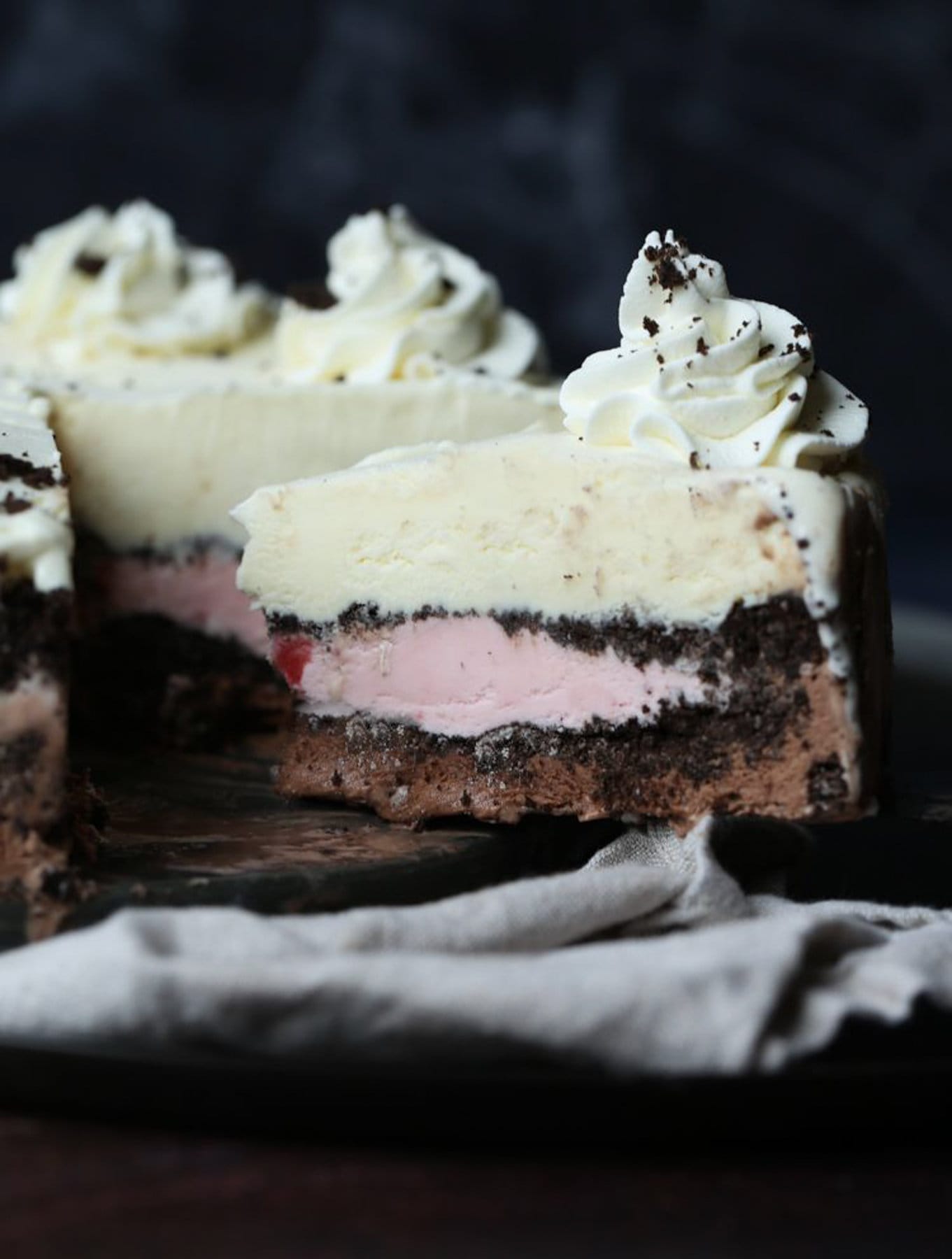 Neapolitan Ice Cream Cake chilled in the freezer