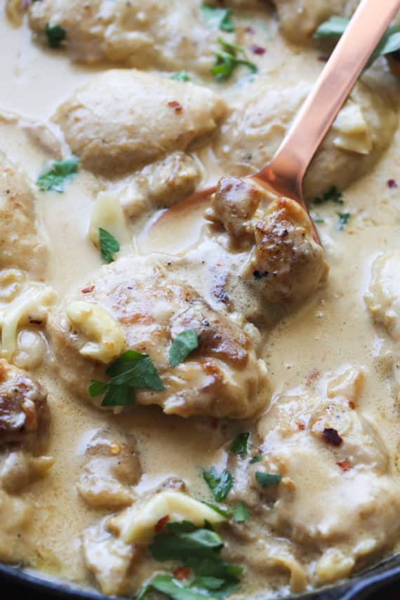 Creamy Garlic Chicken is made in a skillet with a creamy garlic sauce