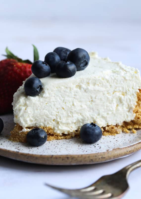 Easy No Bake Cheesecake Recipe topped with blueberries