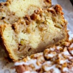 2 slices of apple bread showing the cinnamon sugar and apple mixture throughout.