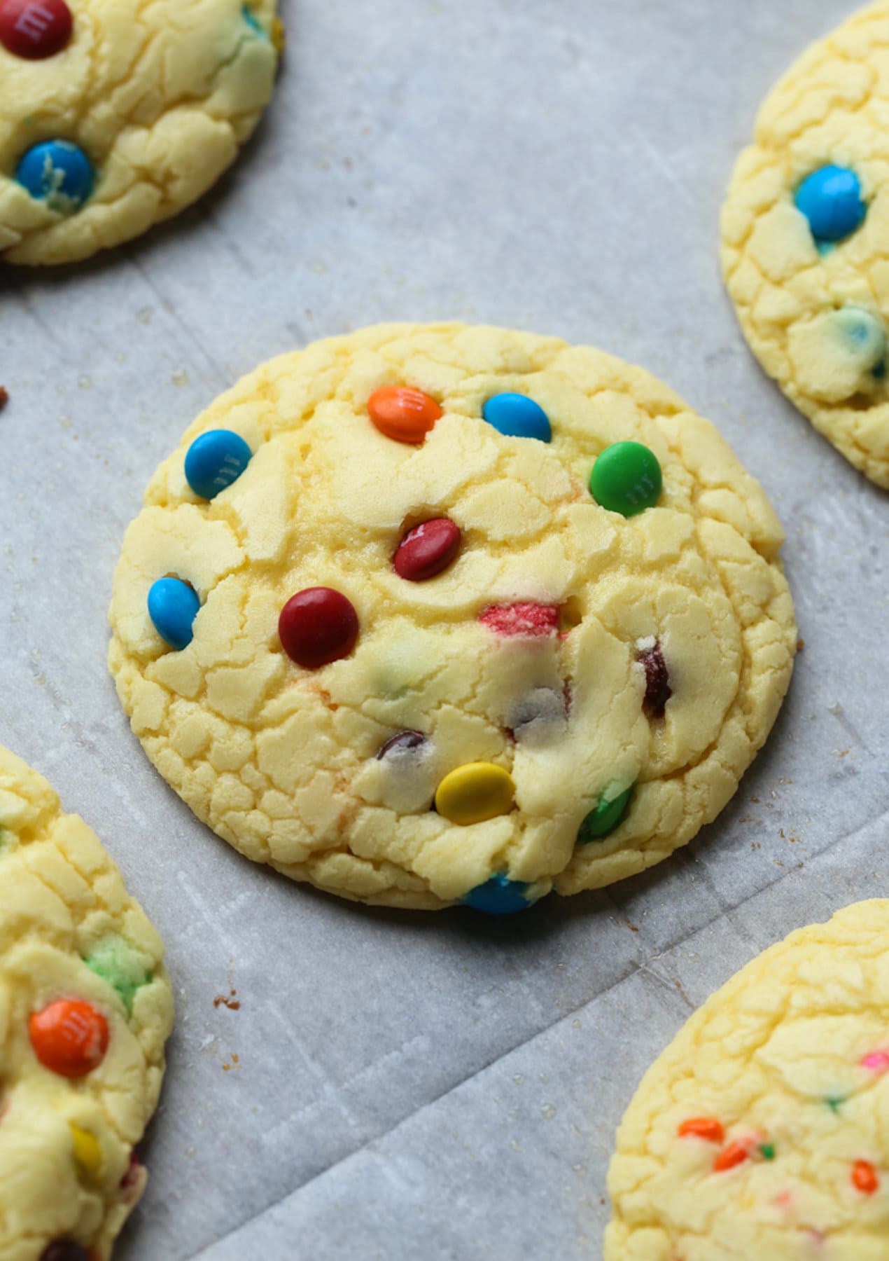Cake mix cookies with M&Ms.
