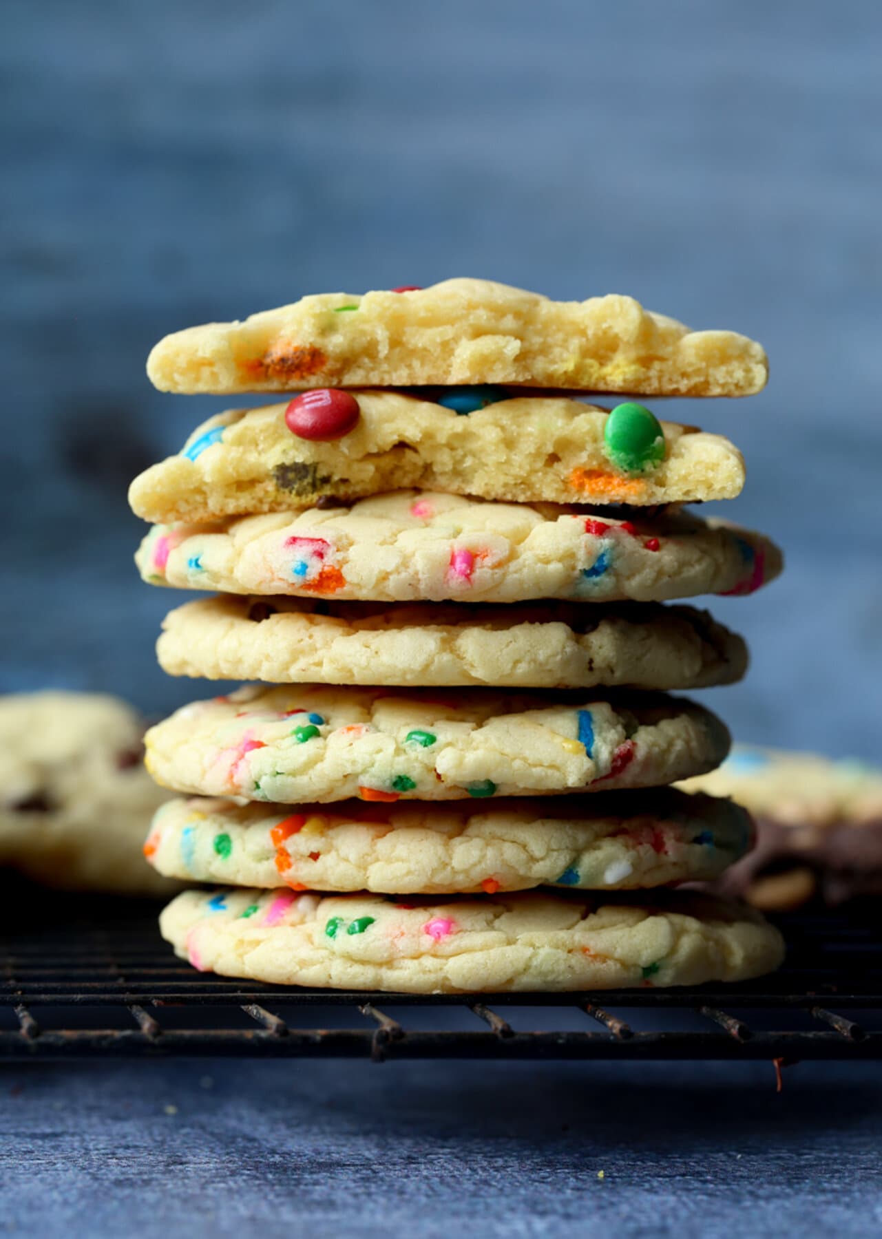 Stack of cookies with M&Ms.