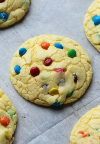 Cake mix cookies with M&Ms.