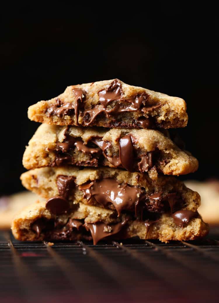 Thick Nutella Stuffed Cookies are chocolate chip cookies with Nutella baked inside