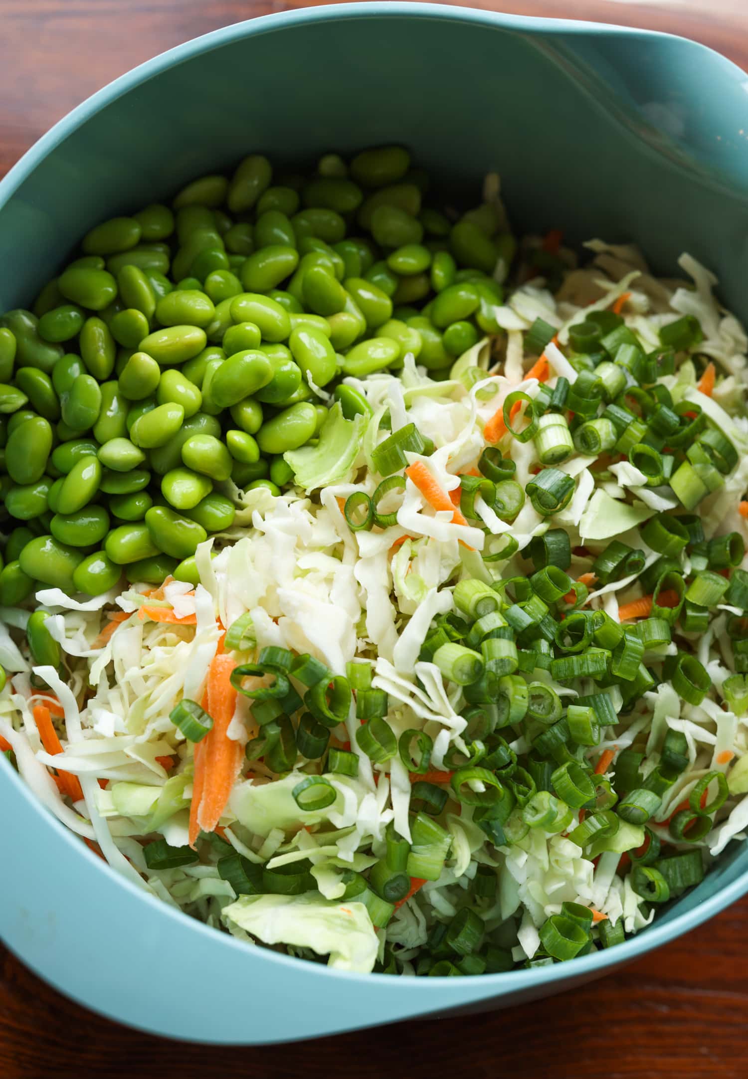 Edamame, cabbage, green onions on a big bow