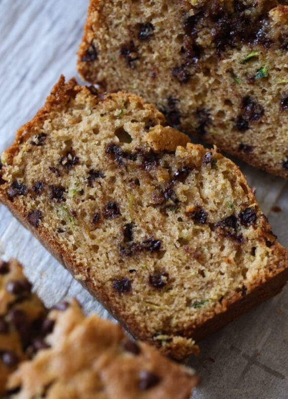 Slice of zucchini bread with chocolate chips