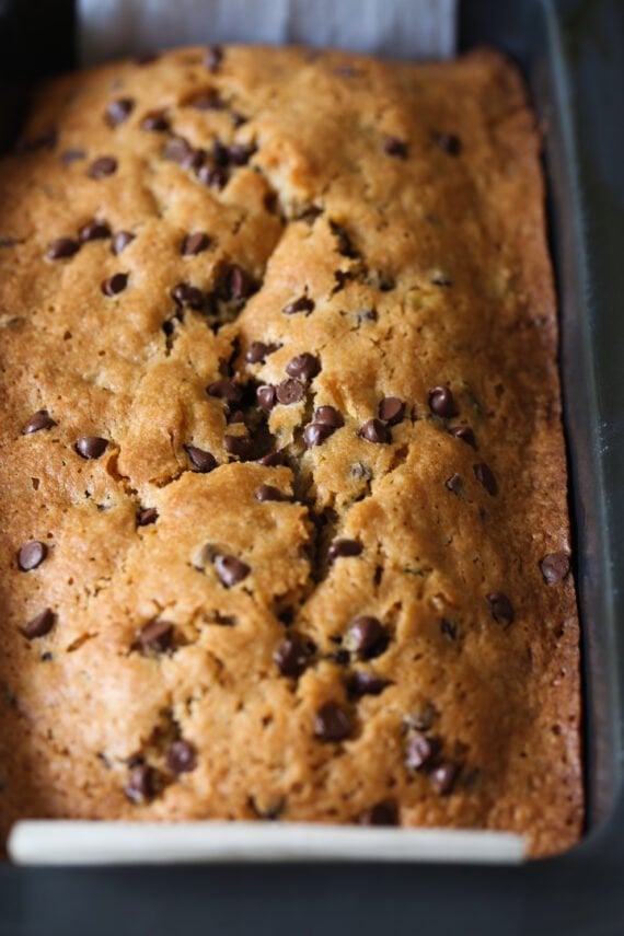 Zucchini loaf baked in a 9x5 pan topped with chocolate chips