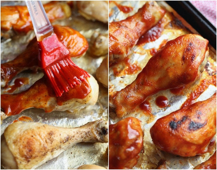 Basting chicken legs with bbq sauce