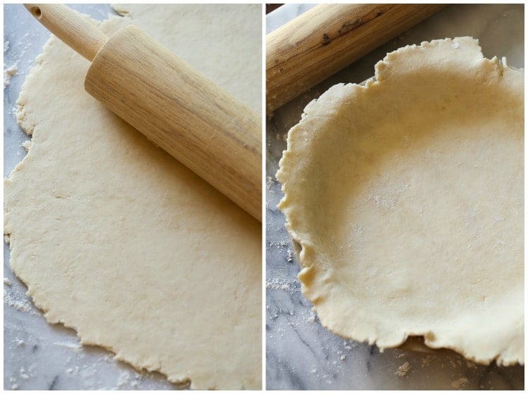 Rolled out pie crust on a counter and in a pan.