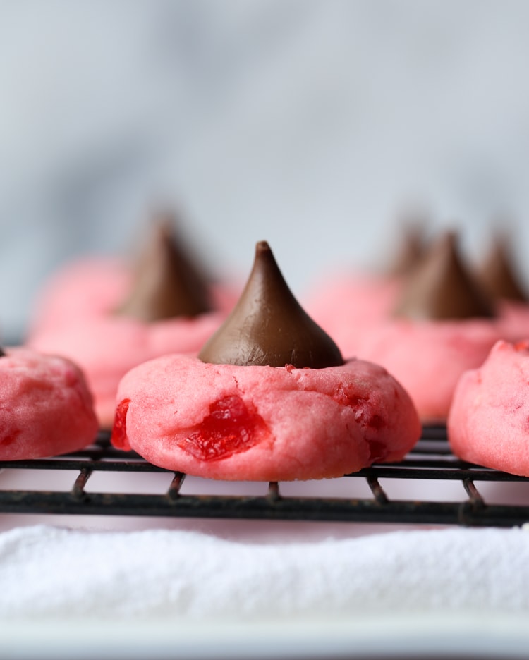Cherry Kiss Cookies made with maraschino cherries and a Hershey's Kiss Candy