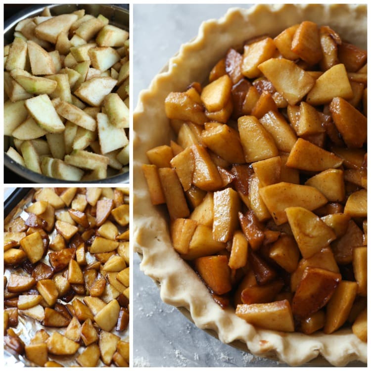 Apple pie filling before, during and after it is cooked.