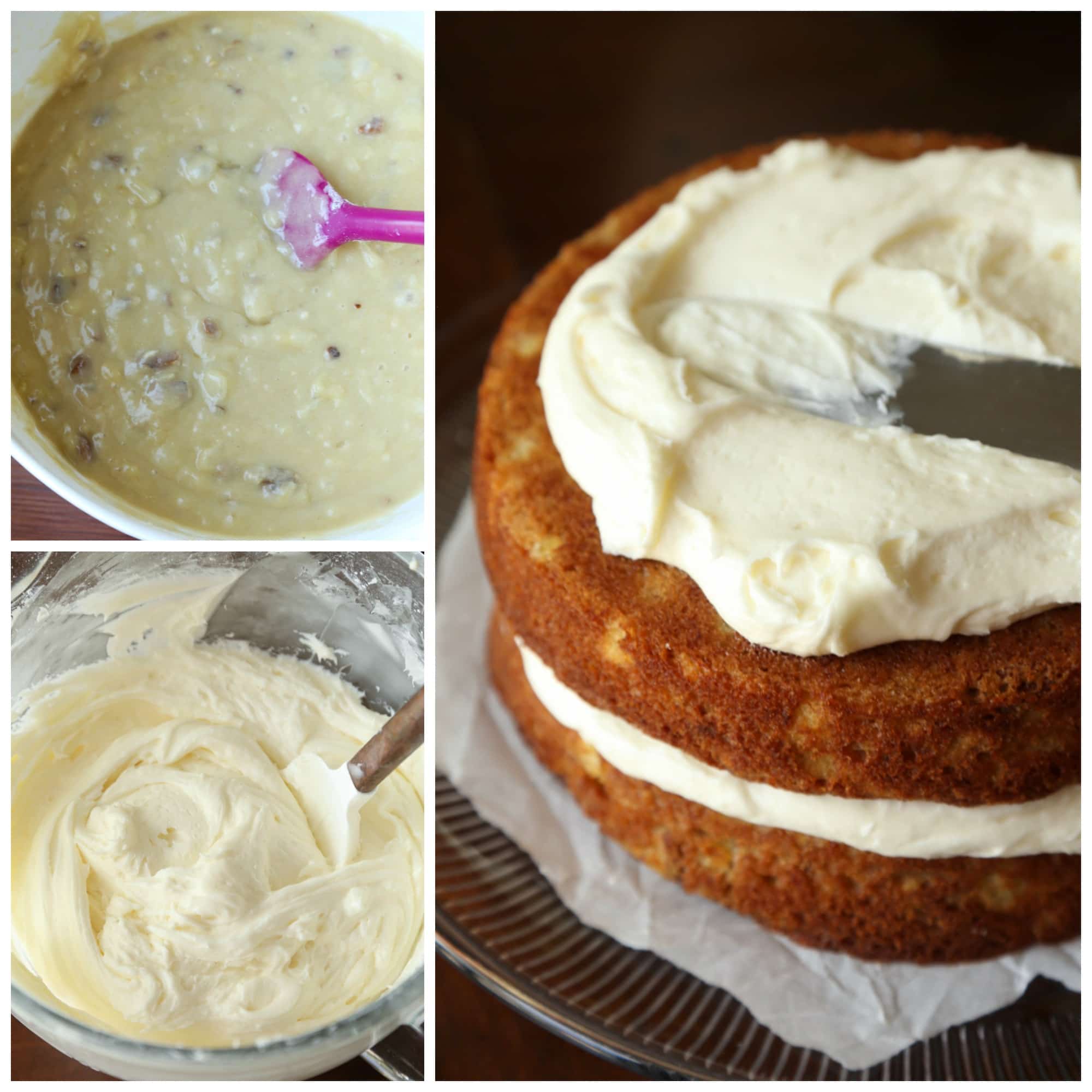 Photo collage showing how to make hummingbird cake: a photo of the batter, a photo of the frosting, and a photo of the cake being frosted.