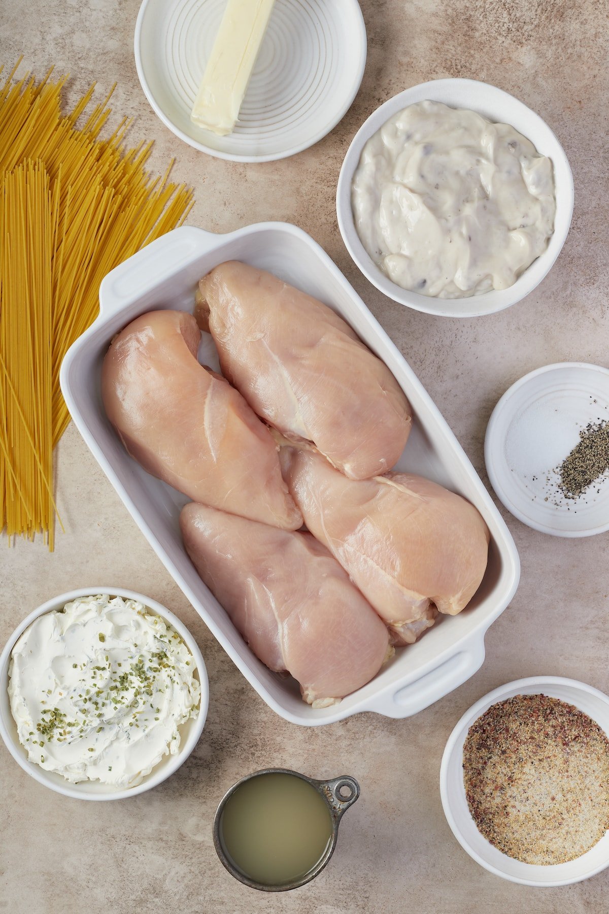 The ingredients for creamy chicken pasta, also known as angel chicken.