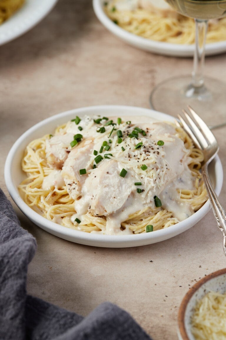 A plate of creamy angel chicken pasta.