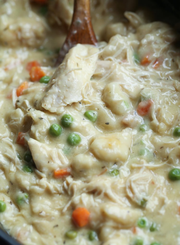 Close up of creamy Chicken and Dumplings made in a Crock Pot