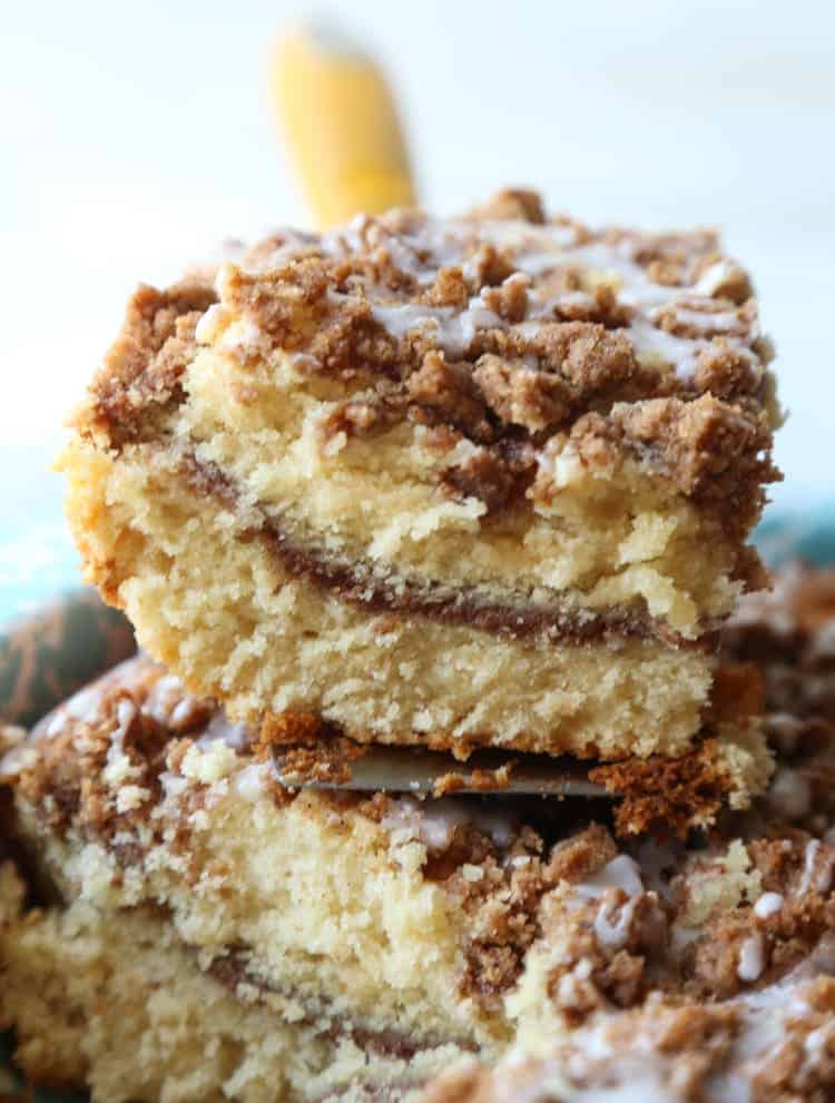 A slice of the coffee cake on a spatula