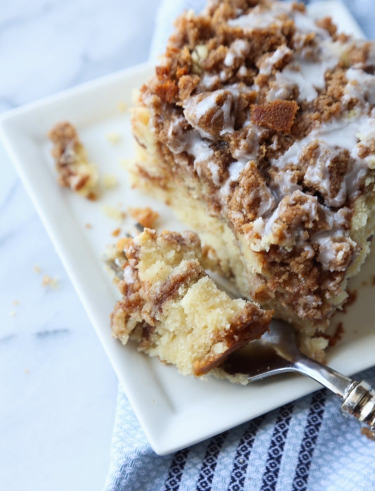 Cinnamon Crumb Coffee Cake with a fork and a bite taken out
