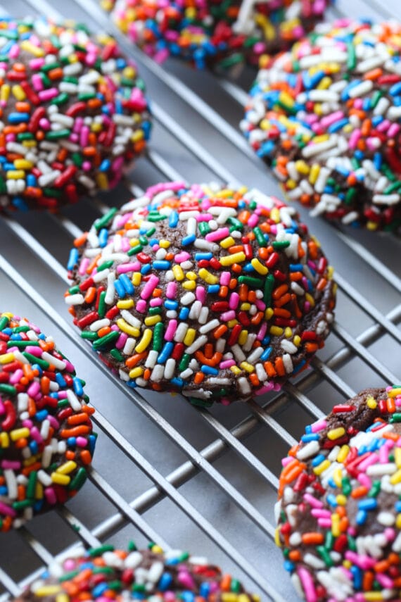 Chocolate Sprinkle Cookies filled With M&M Sugar Cookie Dough