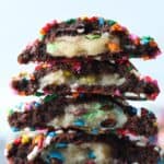 M&M Cookie Dough Stuffed inside of a chocolate sprinkle cookie