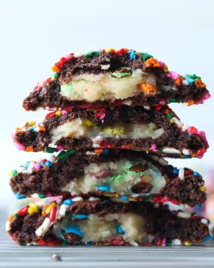 M&M Cookie Dough Stuffed inside of a chocolate sprinkle cookie