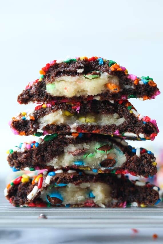 M&M Cookie Dough Stuffed inside of a chocolate sprinkle cookie