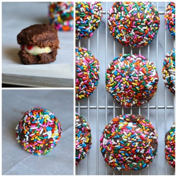 Cookie Dough Stuffed Chocolate Sprinkle Cookies - Cookies and Cups