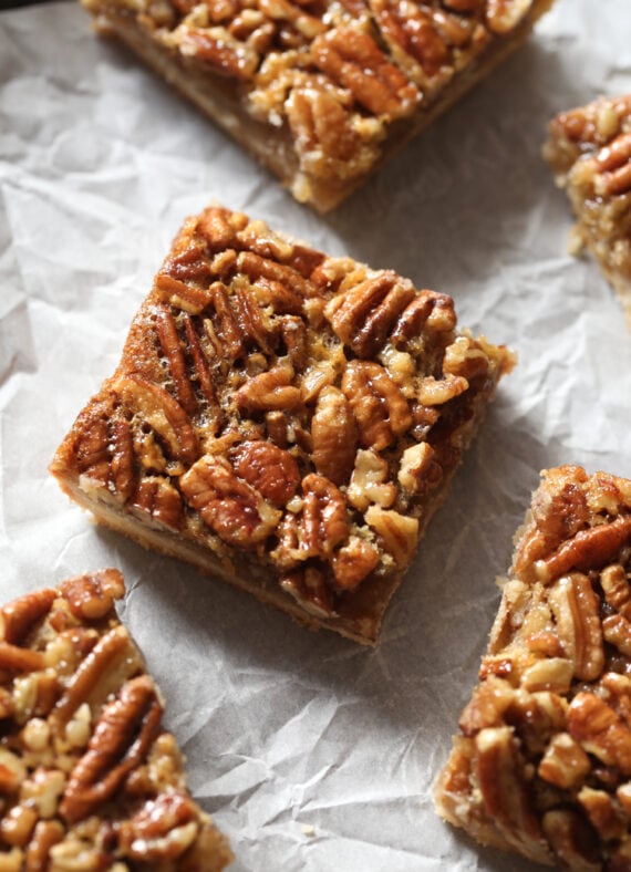 Crunchy Pecans on top of pecan pie bars