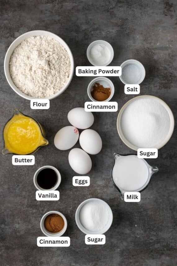 Ingredients for snickerdoodle cupcakes with text labels overlaying each ingredient.