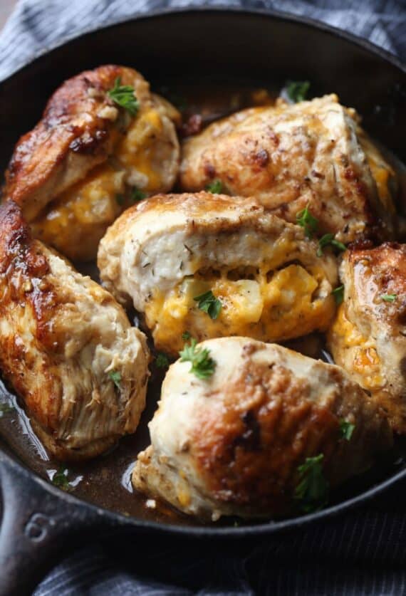 Apple Stuffed Chicken Breasts in a skillet