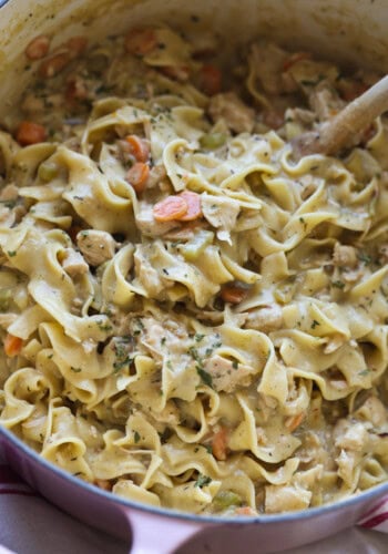 A wooden spoon stirring a large pot of chicken and noodles with carrots and seasoning
