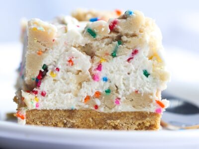 No Bake Cookie Dough Cheesecake with sprinkles