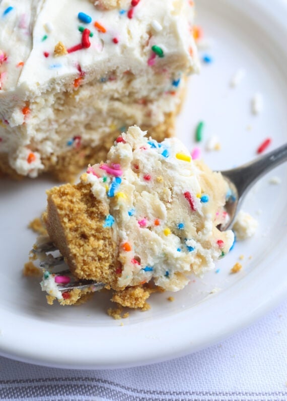 Piece of No Bake Cheesecake with sprinkle cookie dough