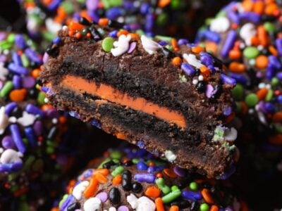 Chocolate Sprinkle Halloween Cookies with an Oreos cookie baked inside