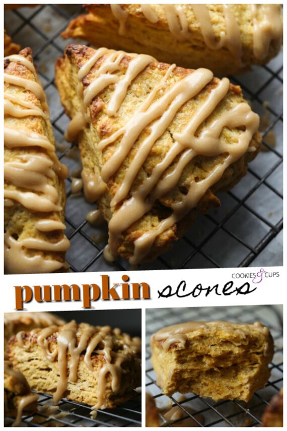 A poster with three pictures of scones covered in brown sugar icing, with a banner that reads "Pumpkin Scones."
