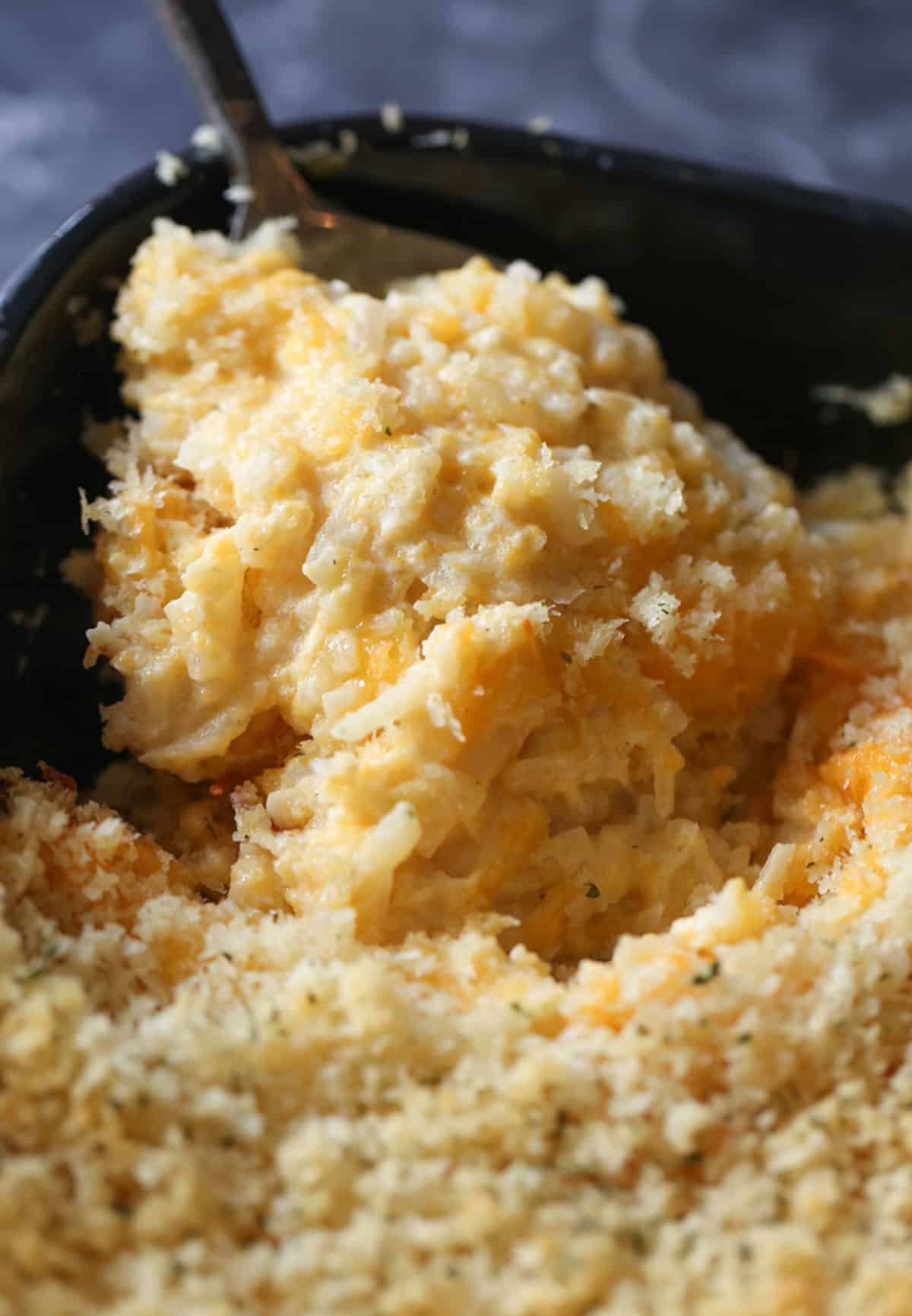 Close up of a corner of a casserole dish with a serving spoon removing a serving a cheese and potato casserole.