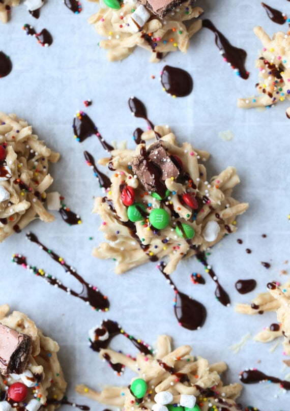 Drizzle Chocolate Syrup on top of the Elf no bake cookies
