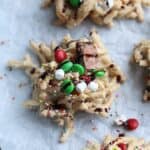 Elf Cookies with M&Ms, marshmallows, spriinkles, and chocolate drizzle