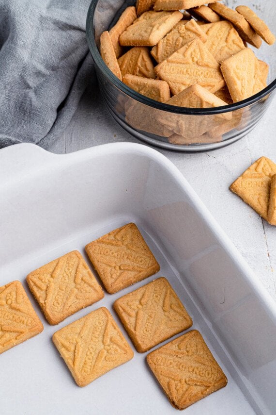 Baking dish with shortbread cookies in it.