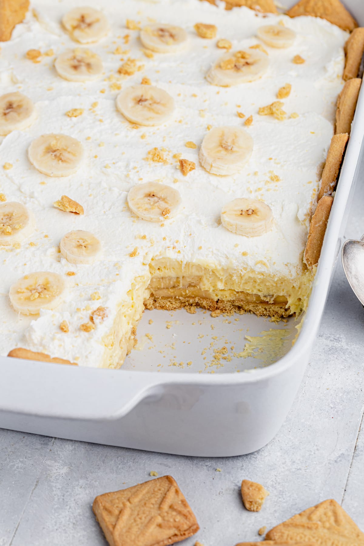 This is the BEST homemade banana pudding recipe! Layers of ripe bananas, cookies, and fluffy pudding make this a favorite no-bake dessert. Baking dish of shortbread cookies and pudding.