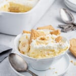Banana pudding in a bowl with a spoon.