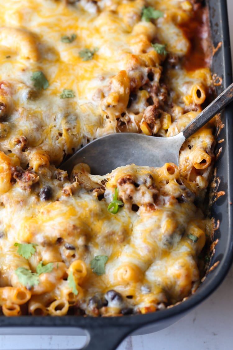 Chili Mac Casserole baked in a 9x13 pan